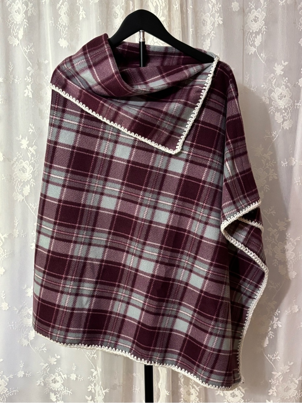 Rustic Cottagecore Plaid Poncho Cape Burgundy Gray Fleece Wrap S/M